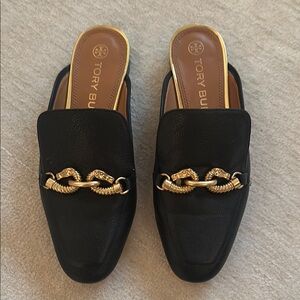 Tory Burch Black and Gold Mules with Elegant Chain